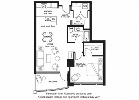 Floor plan for 1 bed, 1 bath, 846 sqft